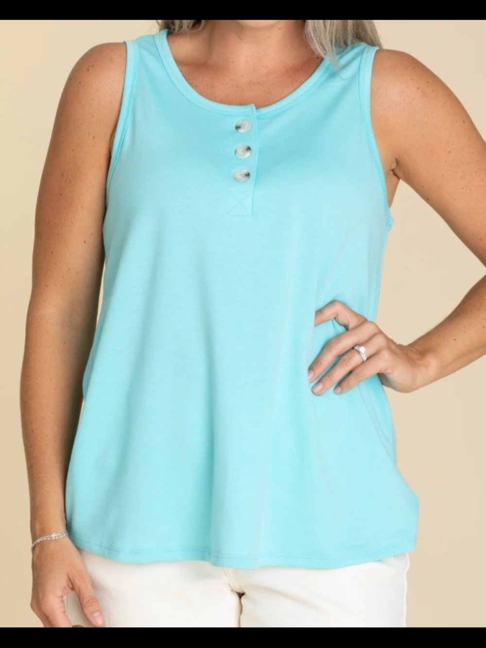ANDREE BY UNIT Sleeveless Henley Tank Top - Aqua Blue
